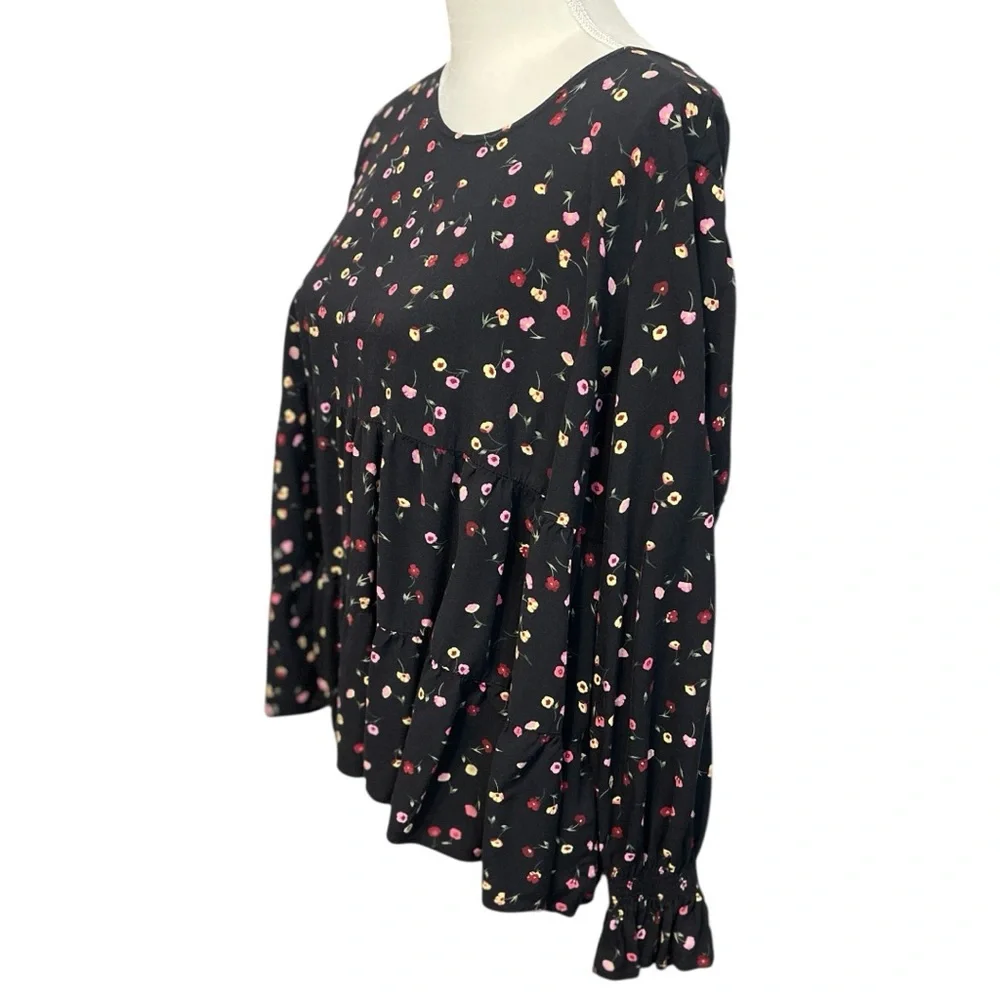 Popsugar Women Floral Babydoll Blouse Long Sleeve Black Sz XXL Fairy Boho Flowy - Picture 2 of 10